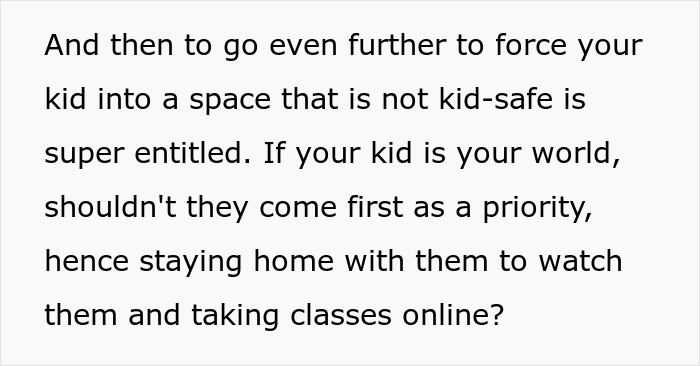 Text about a child's presence in a non-kid-safe space, touching on parenting priorities and online classes.