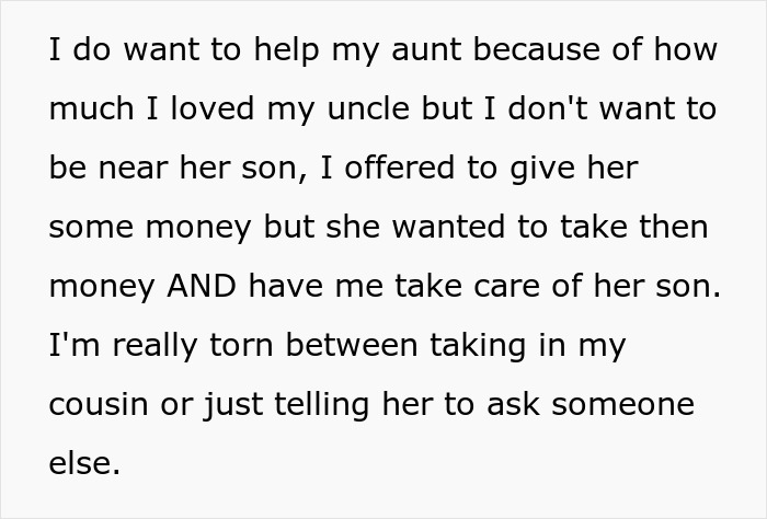 Text discussing a dilemma about caring for an autistic cousin and helping an aunt.