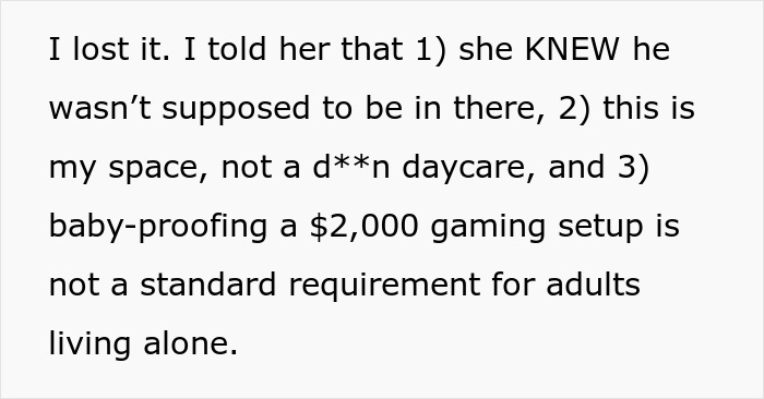 Text expressing frustration over $2,000 damages caused by hosting family, highlighting lack of baby-proofing in adult spaces.