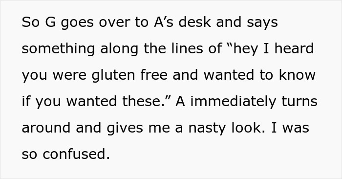 Coworkers discussing gluten-free diet at desk, causing confusion and awkwardness.