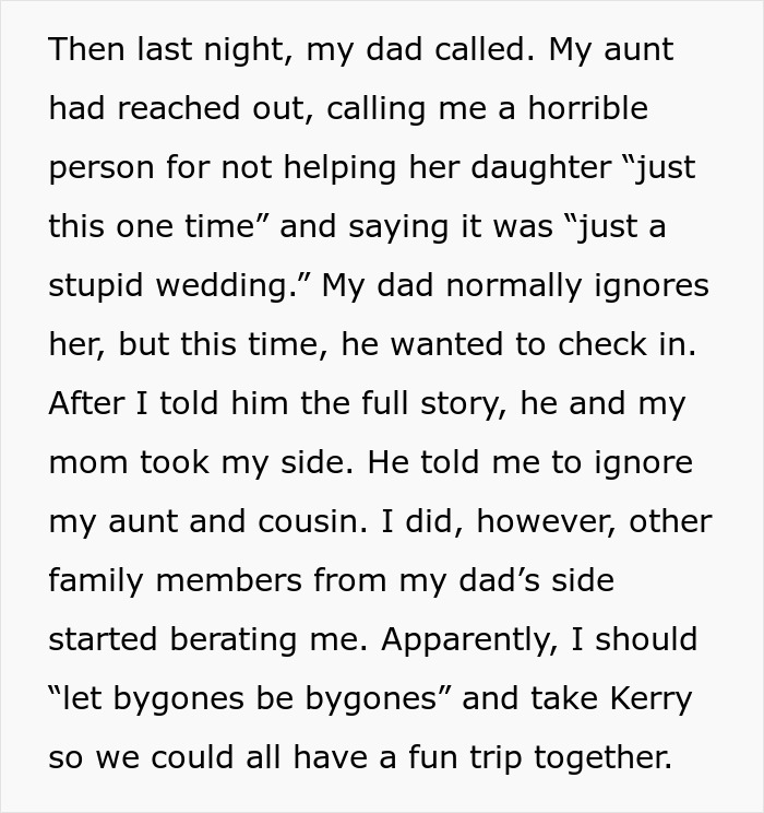 Text screenshot discussing family tension after cousin asked for trip payment following wedding exclusion.