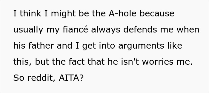 Text about a fianc&eacute;e's concerns regarding arguments with her father-in-law after vegetarian meatballs incident.