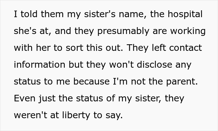 Text of a message regarding a sister's hospital visit and child services involvement.