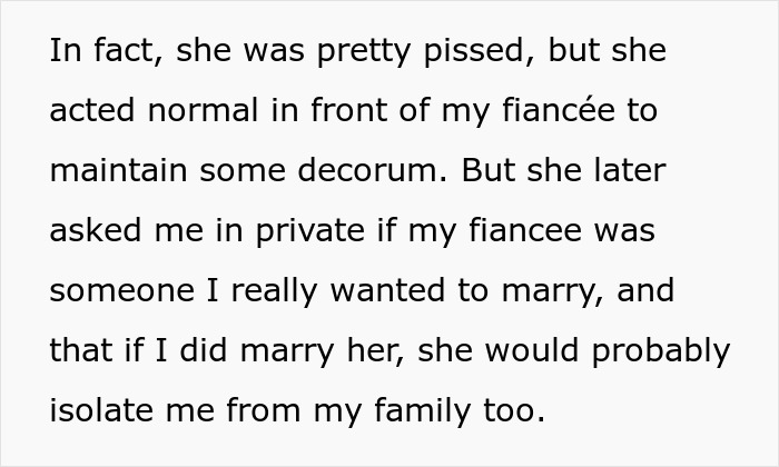 Text image discussing conflict over a fianc&eacute; during a family vacation, with concerns about isolation from family.