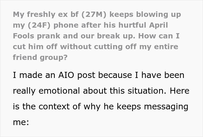 Text message about April Fools' prank gone wrong, leading to a breakup over a fake affair and pregnancy. Text message about April Fools' prank gone wrong, leading to a breakup over a fake affair and pregnancy.