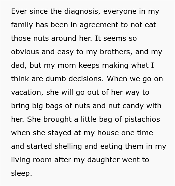 Text excerpt discussing family issues with nuts after a diagnosis and grandma threatening granddaughter&rsquo;s life over nuts.