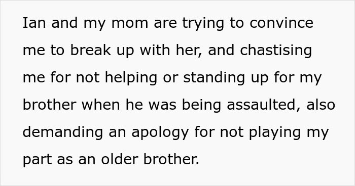 Text about a family's request for a man to dump his girlfriend after a conflict involving his brother's prank.