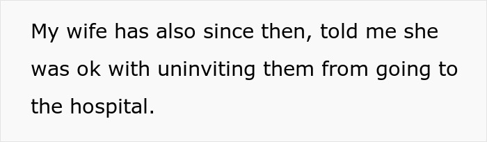 Text excerpt on screen about wife agreeing to uninvite family from hospital, related to hubby confronting family over pregnant wife treatment.