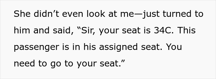 Text from a flight attendant informing a passenger about their assigned seat, upholding passenger seating rules.
