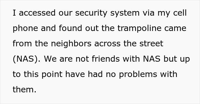 Text about a trampoline flying into a neighbor&rsquo;s yard during a storm, highlighting the owner's refusal to pay for damage.