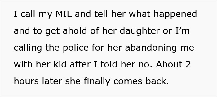 Text describing an in-law babysitting miscommunication with police threats.