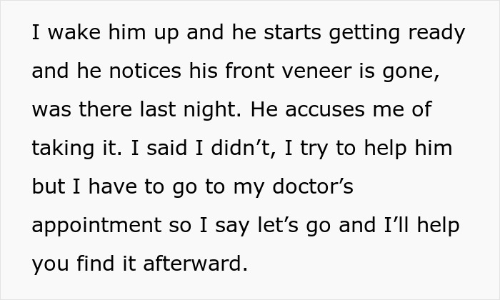 Text message discussing a missing front veneer and plans to help after a doctor’s appointment, showing sleep deprivation impact. Text message discussing a missing front veneer and plans to help after a doctor’s appointment, showing sleep deprivation impact.