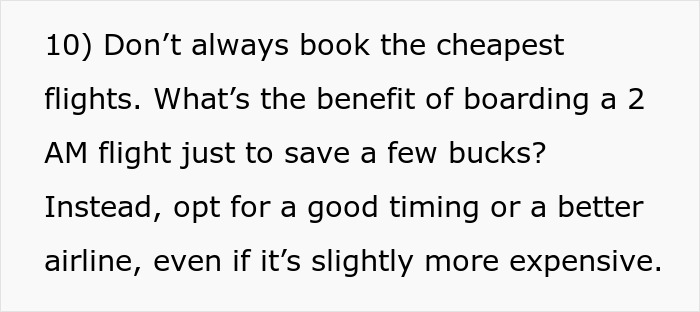 Text offering advice on finding affordable flights, recommending better timing or airlines over the cheapest options.