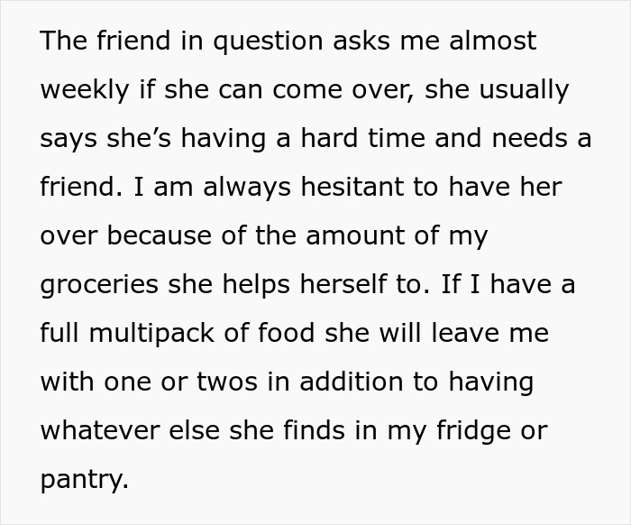 Text image of a person expressing concern about a friend consuming $60 of her groceries regularly.