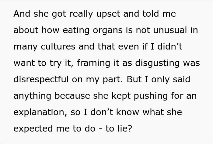 Text about cultural food clash, conflict over calling it "disgusting" when discussing organ dishes.