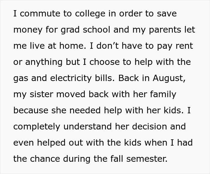 Text discussing babysitting nephews, commuting for college, living at home, and helping with bills. Text discussing babysitting nephews, commuting for college, living at home, and helping with bills.