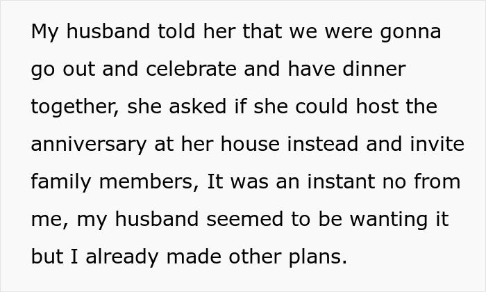 Text excerpt discussing a husband prioritizing family invites over an anniversary celebration with his wife.