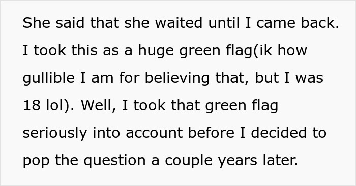 Text revealing a husband discovered a reason for marrying his wife was untrue, pondering his gullibility at 18.