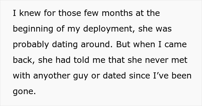 Text reveals a husband's realization about wife's past dating during his deployment.