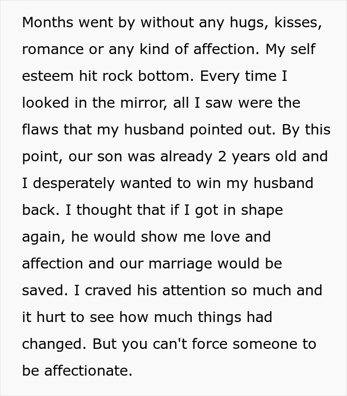 Text excerpt on relationship struggles, self-esteem, and efforts to regain affection after weight loss. Text excerpt on relationship struggles, self-esteem, and efforts to regain affection after weight loss.