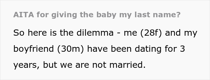 Text about a couple debating giving their baby the father&rsquo;s last name despite not being married.