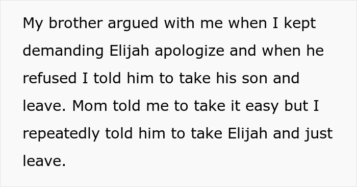 Text describing a spoiled boy demanding ice cream, family conflict over apologies, and a refusal to leave the event.