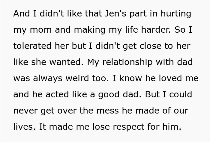 Text describing a strained relationship with stepmom after an affair, expressing issues with family dynamics and loss of respect.