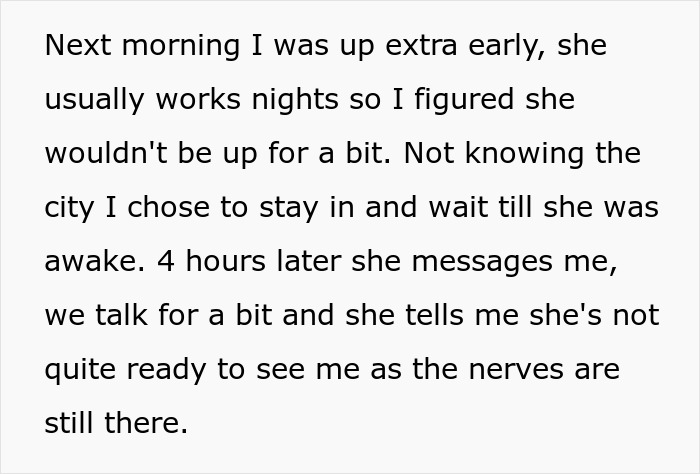 Text on a screen detailing a man's early morning wait during an expensive trip to visit his long-distance girlfriend.