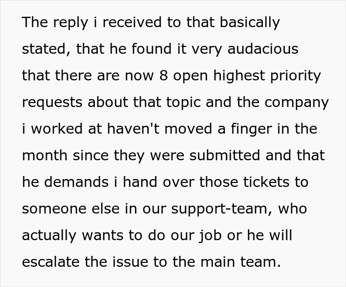 Text describing a client demanding ticket escalation, expressing frustration over unresolved high-priority issues.