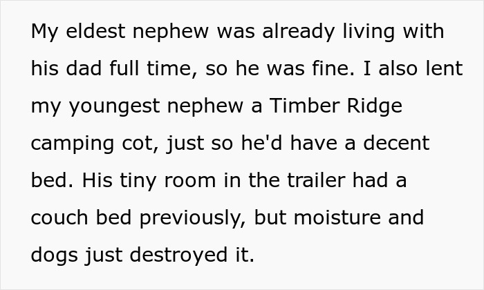 Text discusses a nephew's living situation and receiving a cot, highlighting a family custody dynamic.