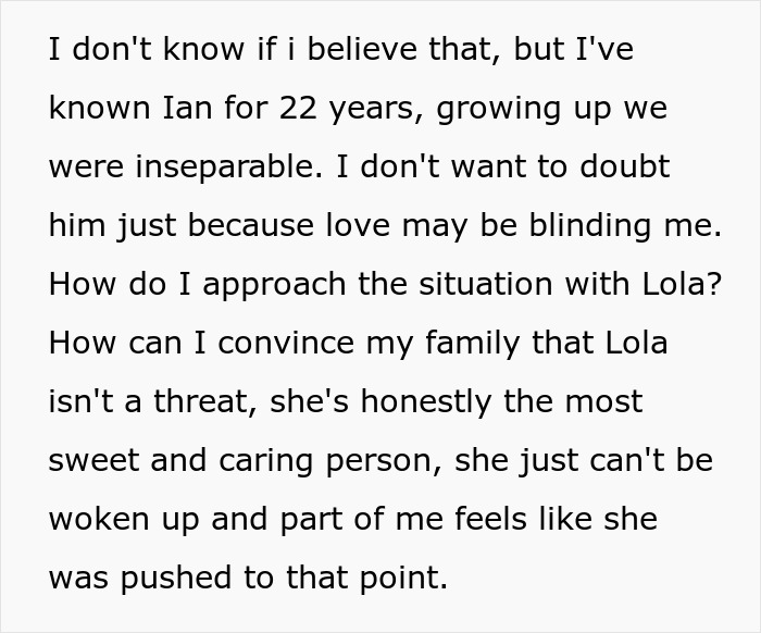 Text discussing a man's dilemma about his family's view on his girlfriend after a conflict with his brother's prank.