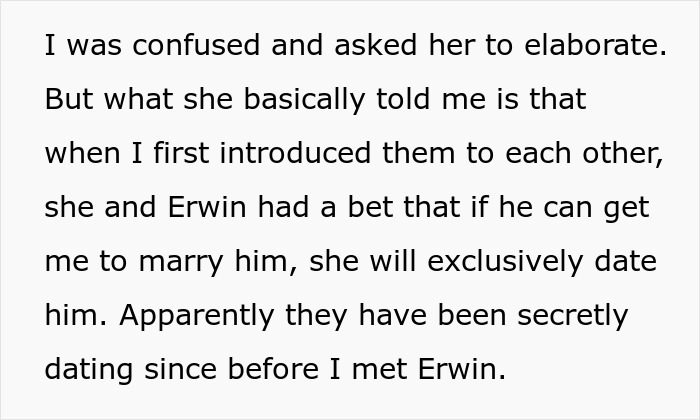 Text message revealing a bet about bride marrying, causing drama before wedding.