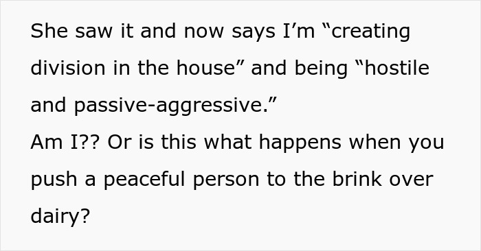 Text discussing tension about a lockbox for cheese in a shared fridge due to roommate issues.