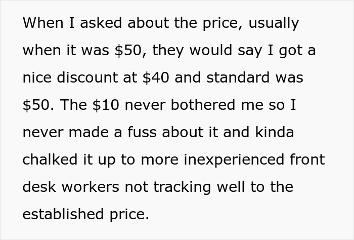 Text about nail salon prices and customer reactions, mentioning $50 and $40 pricing differences.