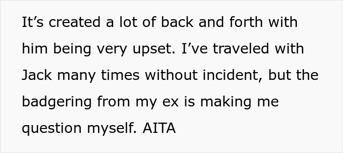 Text conversation excerpt about mom planning Europe trip with 8-year-old son and ex demanding AirTag to track him.