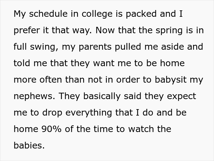 Text discussing a packed college schedule conflicting with babysitting nephews. Text discussing a packed college schedule conflicting with babysitting nephews.