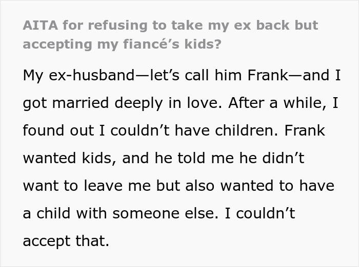 Man upset over wife's infertility has affair for baby, asks her to raise it.