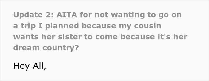 Text update about cousin's trip request, asking if it&rsquo;s wrong to plan without her sister after a wedding invite issue.