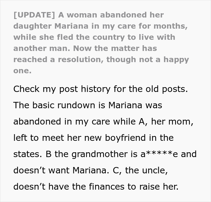 Text about a mother abandoning her daughter with a friend for months.