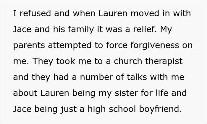 Text about a woman's refusal to rekindle a sisterly relationship after a conflict over a man.