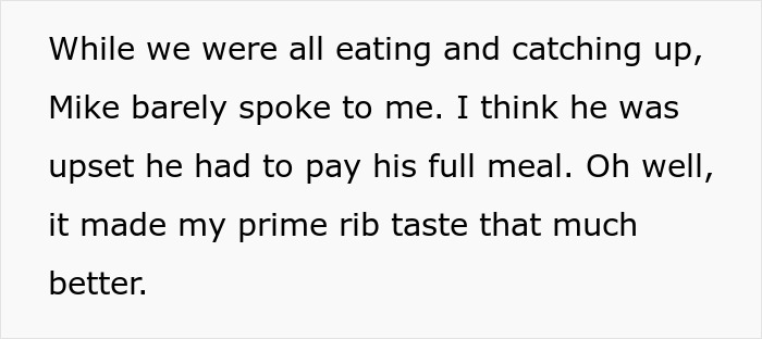 Text about a friend upset for paying his full meal, highlighting group dining habits.