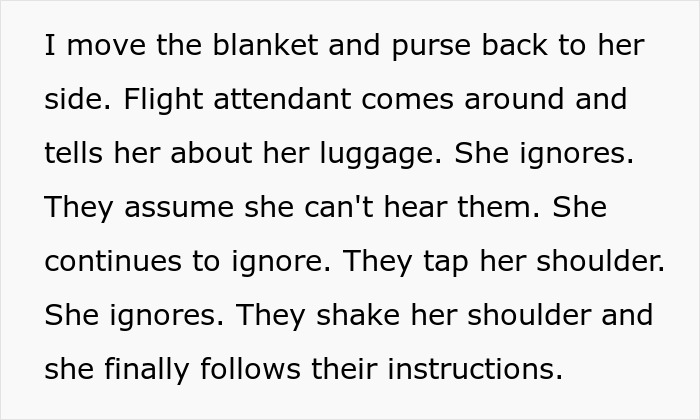 Text detailing a woman ignoring flight attendants about luggage, providing perfect revenge to a rude plane passenger.