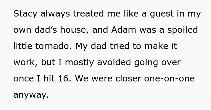Text describing a teen's relationship with a stepmom and a challenging family dynamic. Text describing a teen's relationship with a stepmom and a challenging family dynamic.