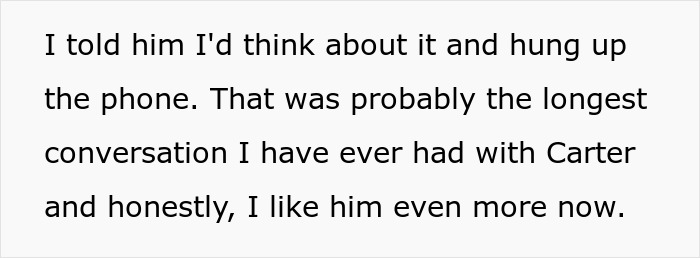 Text message about considering a request from Carter, emphasizing a longer conversation and growing fondness.
