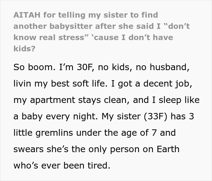 Text discussing stress comparison between siblings regarding babysitting and lifestyle differences.