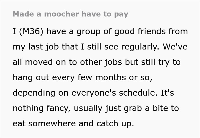 Text discussion about a notorious guy who over-orders and friends deciding not to split the bill.