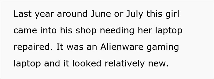 Text about a girl who left her Alienware laptop for repair last year and didn't pick it up.