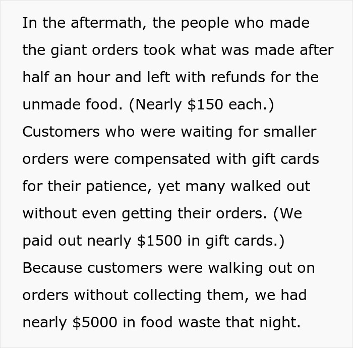 Text about kitchen chaos aftermath, detailing refunds and food waste due to break policy adherence.