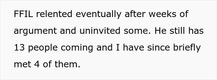 Text discussing future father-in-law adding uninvited guests to a wedding.