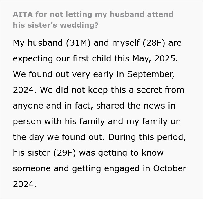 Text discussing mom-to-be asking husband to skip sister's wedding due to close due date in May 2025.